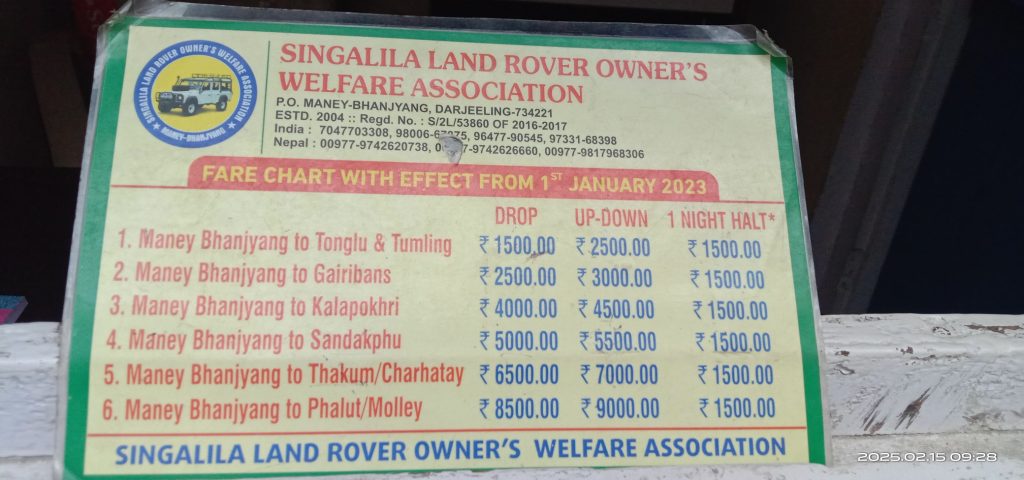 Singalila Land Rover Owner's Welfare Association Fare Chart 